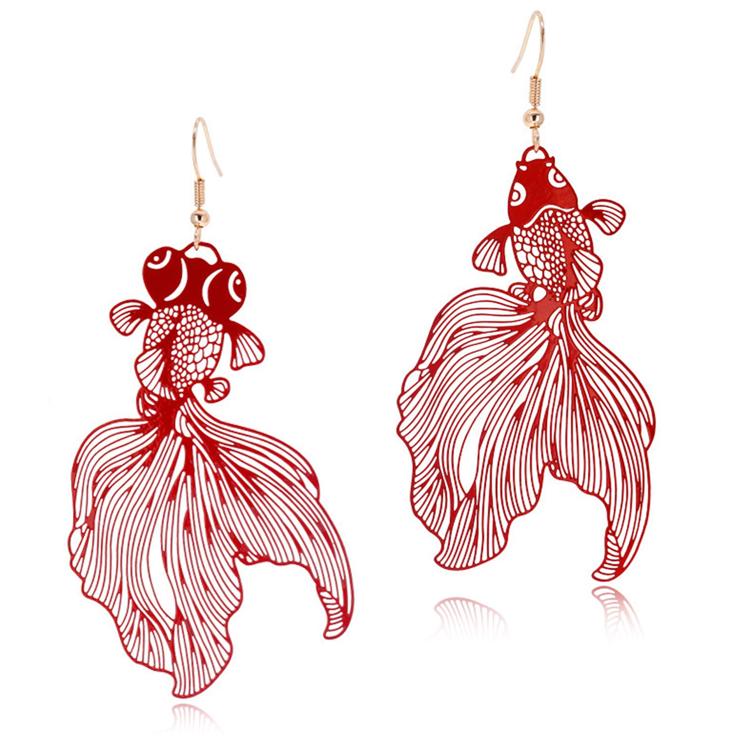 DAMLENG Unique Chic Lightweight Hollow Fish Dangle Drop Hook Earrings Charm Pink Red Asymmetry Goldfish Dangle Earrings For Women Statement Jewelry Gifts (Red)