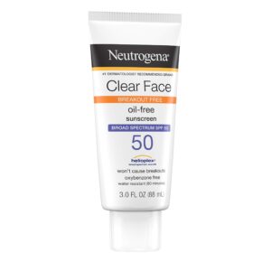 Neutrogena Clear Face Liquid Lotion Sunscreen for Acne-Prone Skin, Broad Spectrum SPF 50 UVA/UVB Protection, Oil-, Fragrance- & Oxybenzone-Free Facial Sunscreen, Non-Comedogenic, 3 fl. oz (Pack of 3)