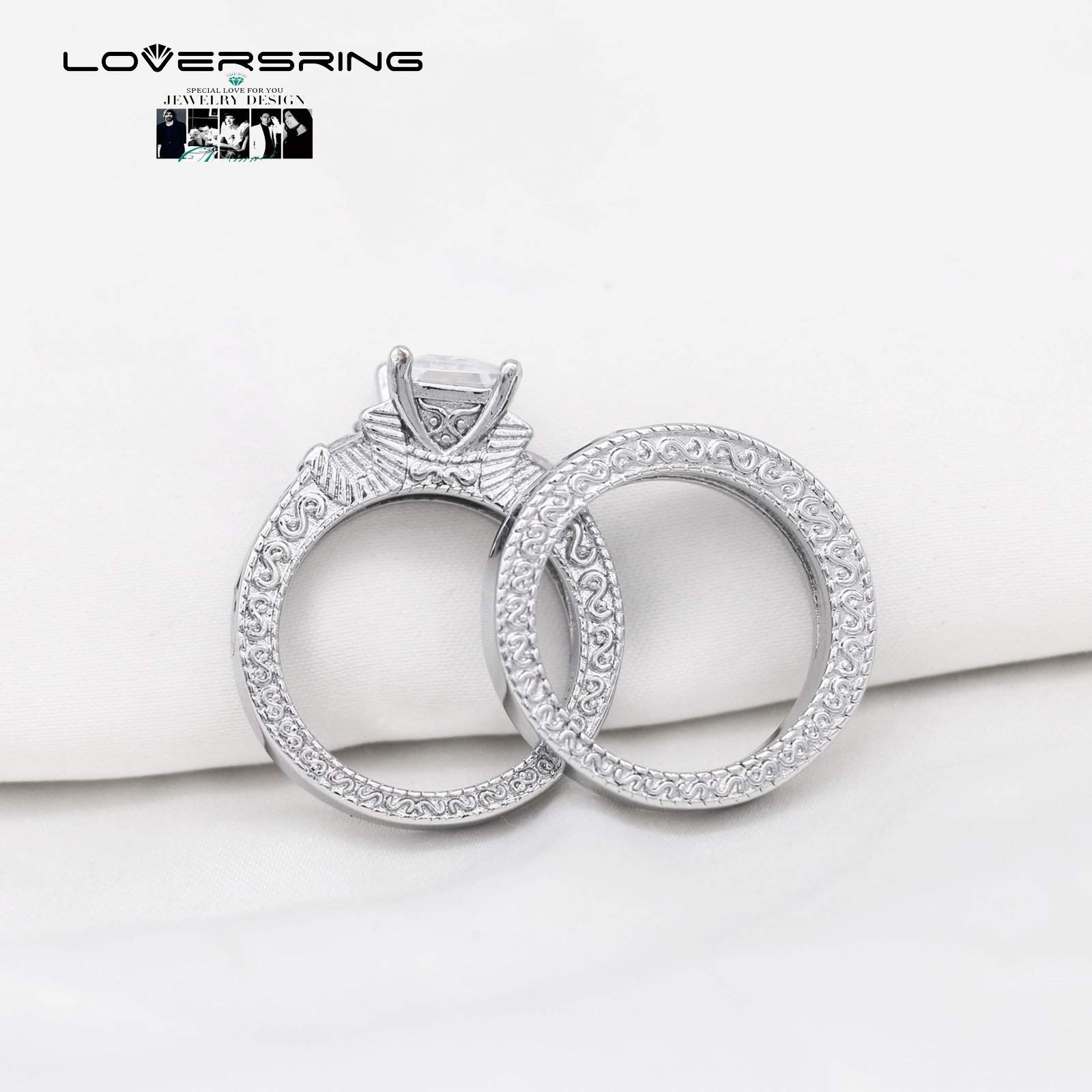 LOVERSRING 3pc Couple Ring Bridal Sets Women White Gold Plated Blue Sapphire Cz Man Titanium Band Wedding Ring for Him and Her