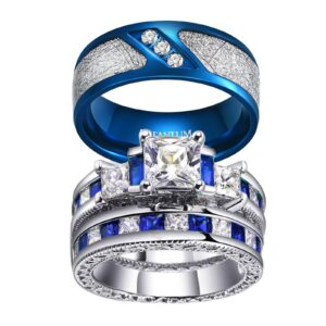 LOVERSRING 3pc Couple Ring Bridal Sets Women White Gold Plated Blue Sapphire Cz Man Titanium Band Wedding Ring for Him and Her