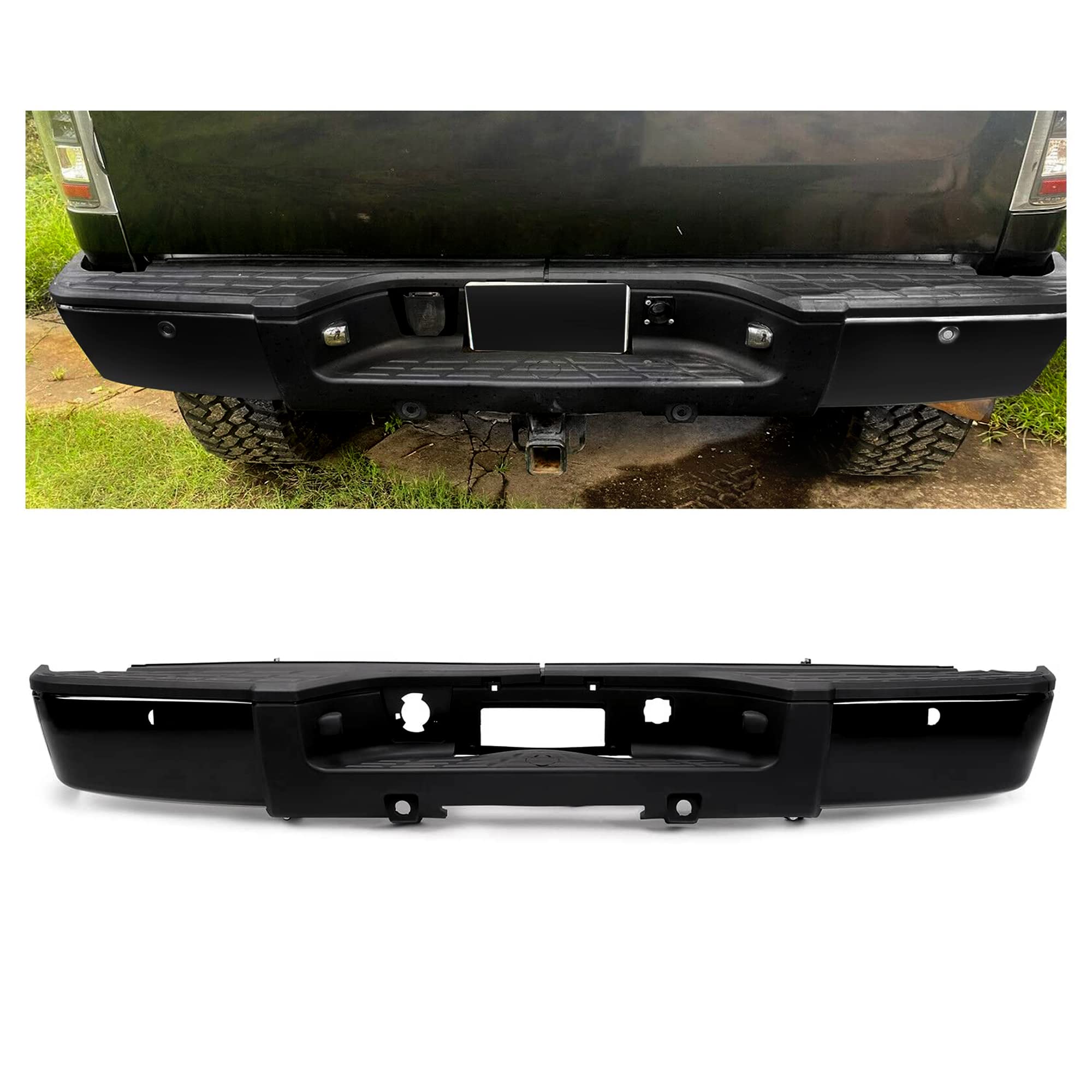 KUAFU Rear Step Bumper Compatible with 2007-2013 Chevy Chevrolet Silverado GMC Sierra 1500 Replace for GM1103149 W/Sensor Holes & License Plate Light & Bumper Reinforcement Bar Bracket Steel 2Packages