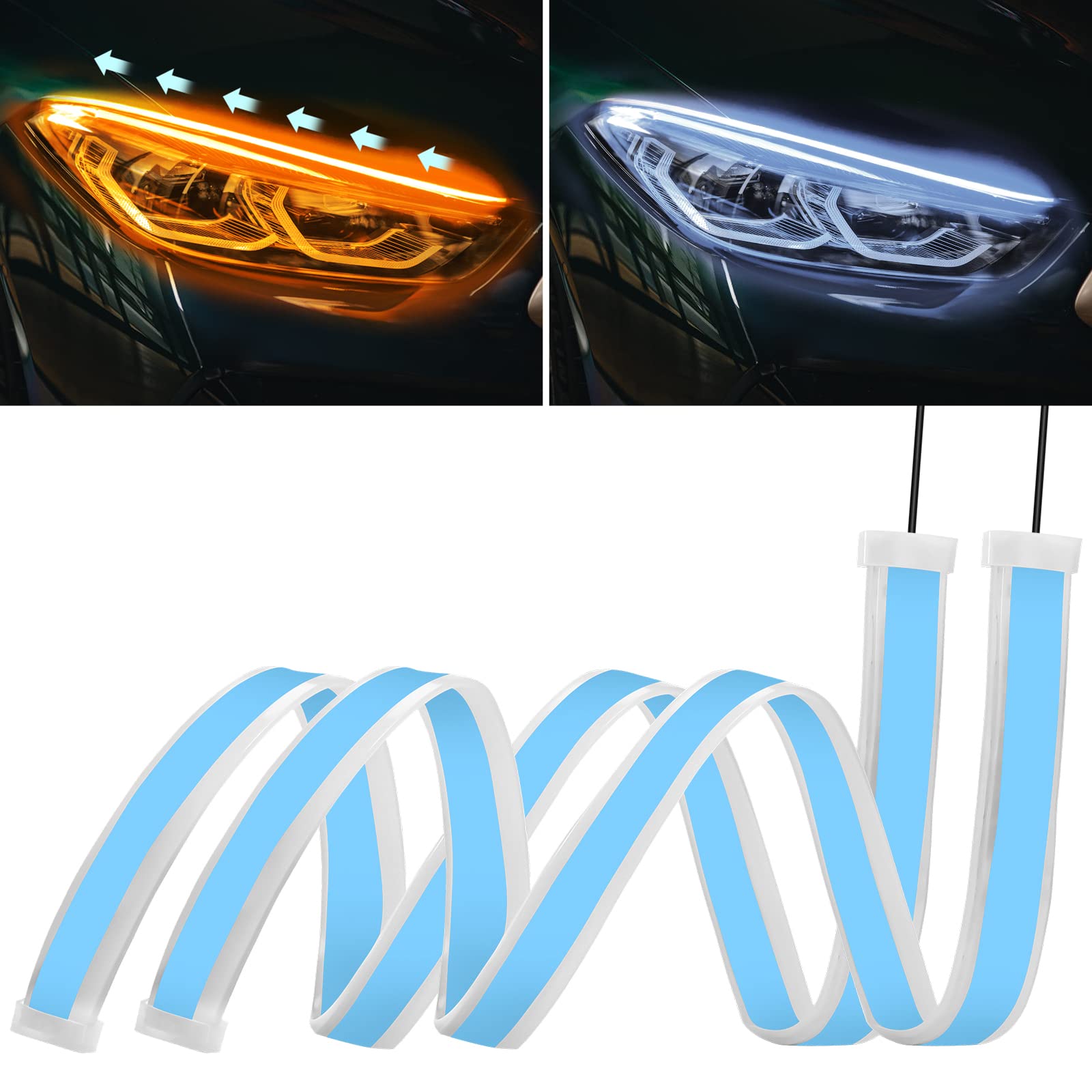 2PC 24 Inch Dual Color Red/Sequence Amber LED Headlight Strip Tube, Waterproof Flexible Adhesive Daytime Running Lights DRL Switchback Glow Light Strip Headlight Decorative Lamp for Car