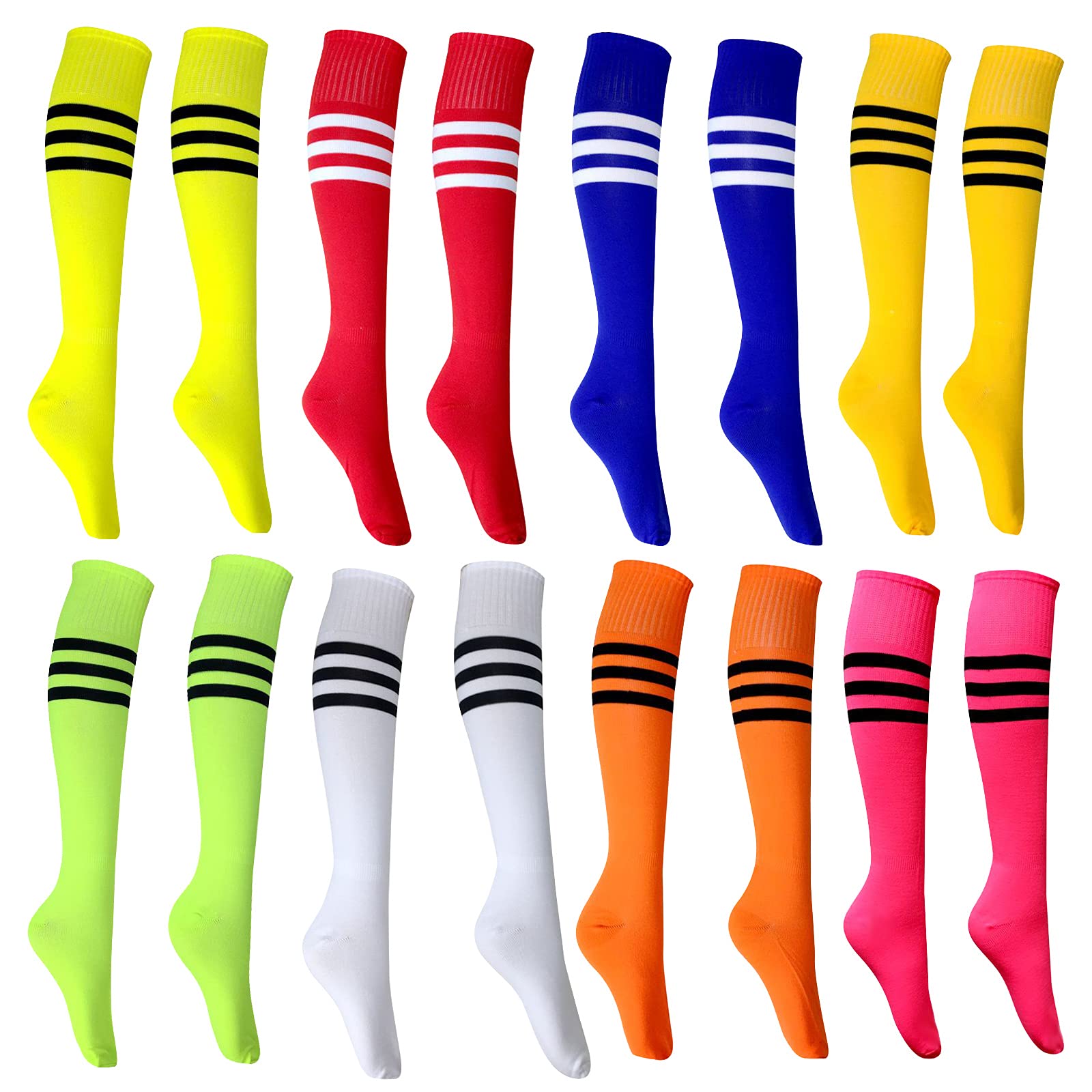 Aulufft Neon Knee High Socks, 8 Pairs Striped Tube Sock Athletic Baseball Basketball Dance Neon Colored Soccer Socks for Adult Girls Women Youth, 8 Colors/Set