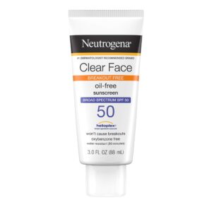 neutrogena clear face liquid lotion sunscreen for acne-prone skin, broad spectrum spf 50 uva/uvb protection, oil-, fragrance- & oxybenzone-free facial sunscreen, non-comedogenic, 3 fl. oz (pack of 3)