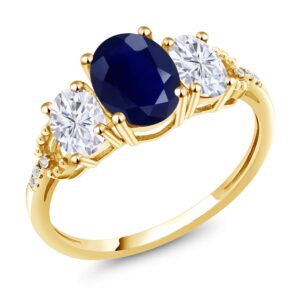 gem stone king 2.84 cttw 10k yellow gold blue sapphire white moissanite and diamond 3-stone engagement ring | gemstone birthstone | 3 stone wedding anniversary promise ring for women (size 5)