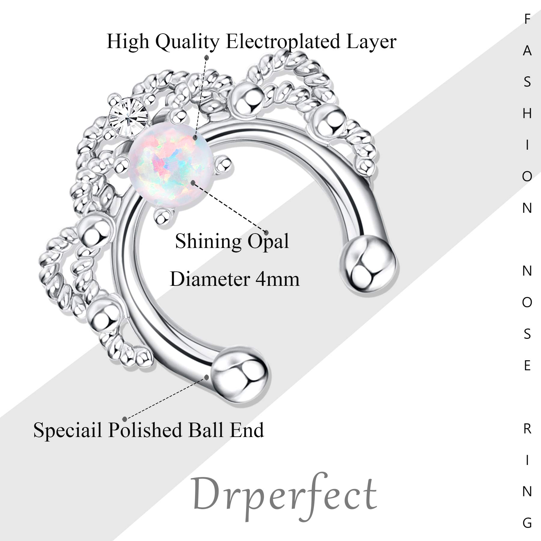 Drperfect 6Pcs Opal Fake Septum Ring for Women CZ Nose Ring Non-Pierced Clip On Nose Hoop Jewelry