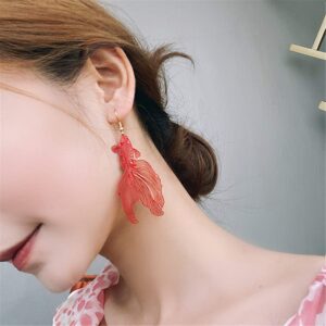 DAMLENG Unique Chic Lightweight Hollow Fish Dangle Drop Hook Earrings Charm Pink Red Asymmetry Goldfish Dangle Earrings For Women Statement Jewelry Gifts (Red)