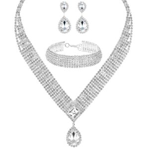 3 Pack Women Bridal Rhinestone Crystal Statement Necklace Link Bracelet and Teardrop Dangle Earrings Jewelry Set fit with Wedding Dress Party