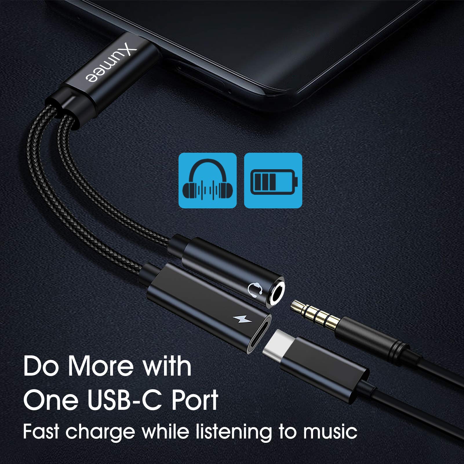 Xumee USB Type C to 3.5mm Headphone and Charger Adapter,2-in-1 USB C to Aux Audio Jack Hi-Res DAC and Fast Charging Dongle Cable Cord Compatible with iPhone 15 Pro Max, Galaxy S23 S22 S21 Plus(Black)