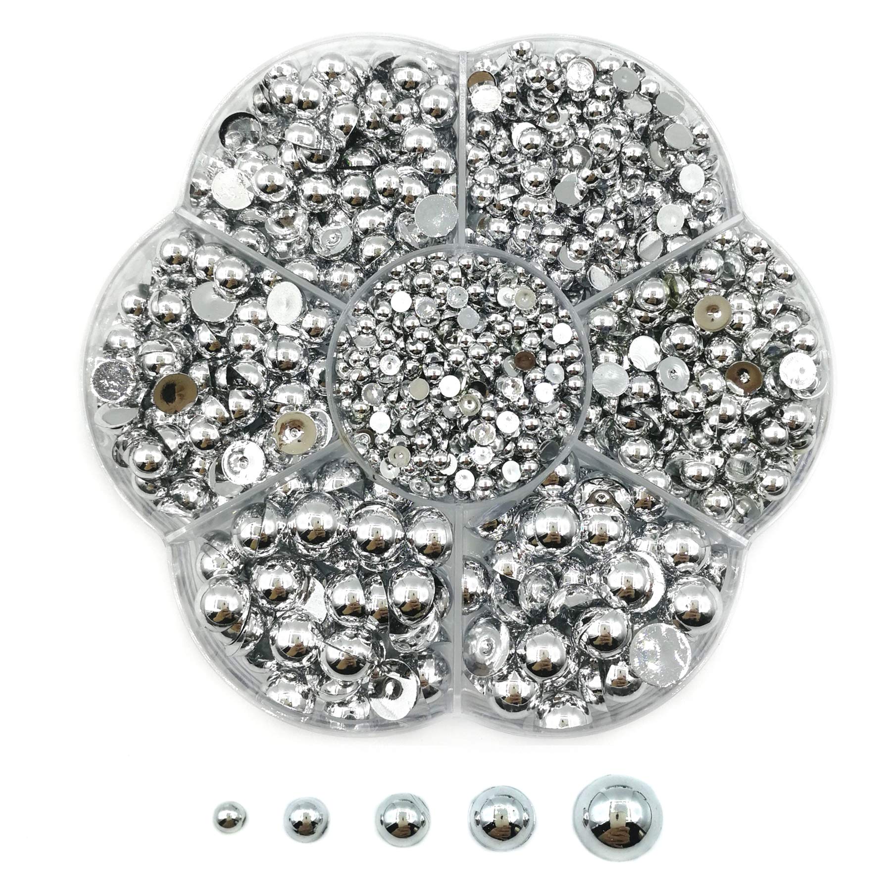 Amaney 2100pcs Silver Satin Luster ABS Imitation Pearls Half Round Pearls Assorted Mixed Sizes 3/4/5/6/8mm Flatback Pearl Beads DIY Material (Silver)