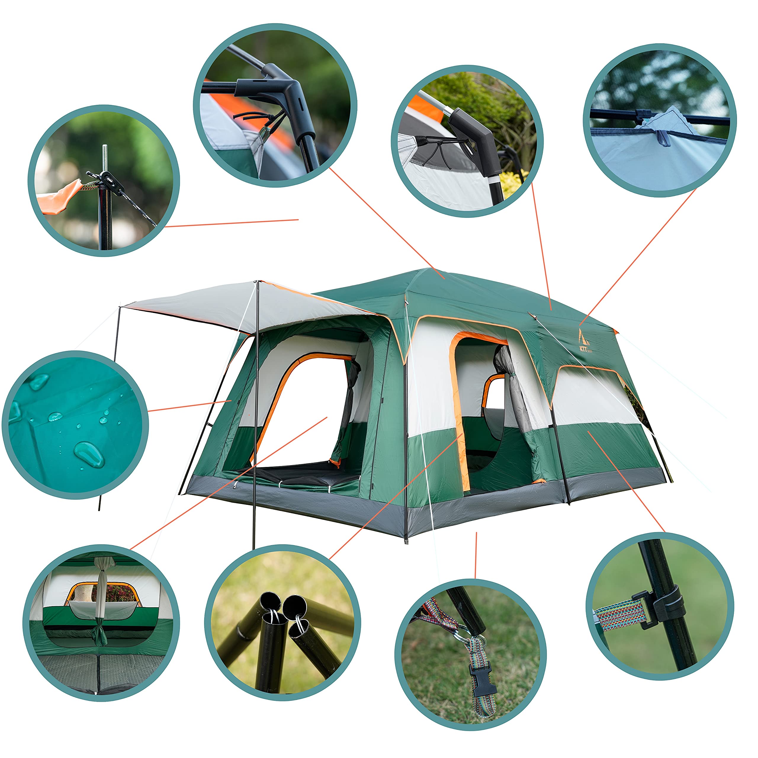 KTT Extra Large Tent 12 Person,Family Cabin Tents,2 Rooms,3 Doors and 3 Windows with Mesh,Straight Wall,Waterproof,Double Layer,Big Tent for Outdoor,Picnic,Camping,Family Gathering(Green)