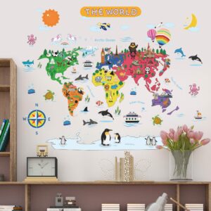 Removable Cartoon Animals World Map Wall Decals Large Educational Animal Landmarks World Map Peel & Stick Wall Sticker Decor for Kids Bedroom Living Room Classroom Nursery Home Walls (L 36"x45")