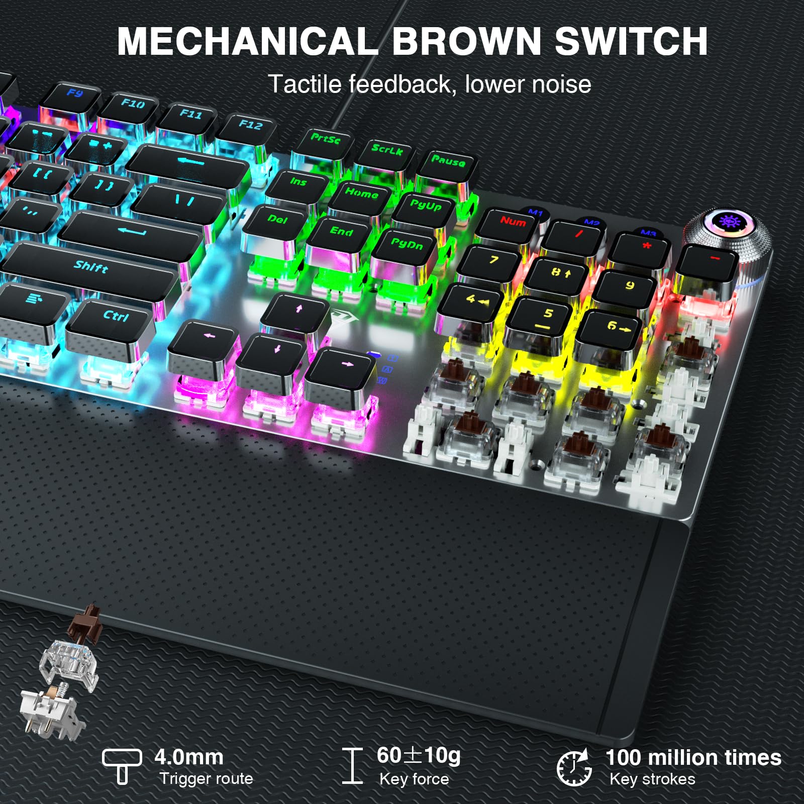 AULA F2088 Mechanical Gaming Keyboard, Tactile Brown Switches, LED Rainbow Backlit, Volume Controls, Removable Wrist Rest, Unique Cool Square Keycaps, Full Size Wired Keyboard for Windows/Mac/PC