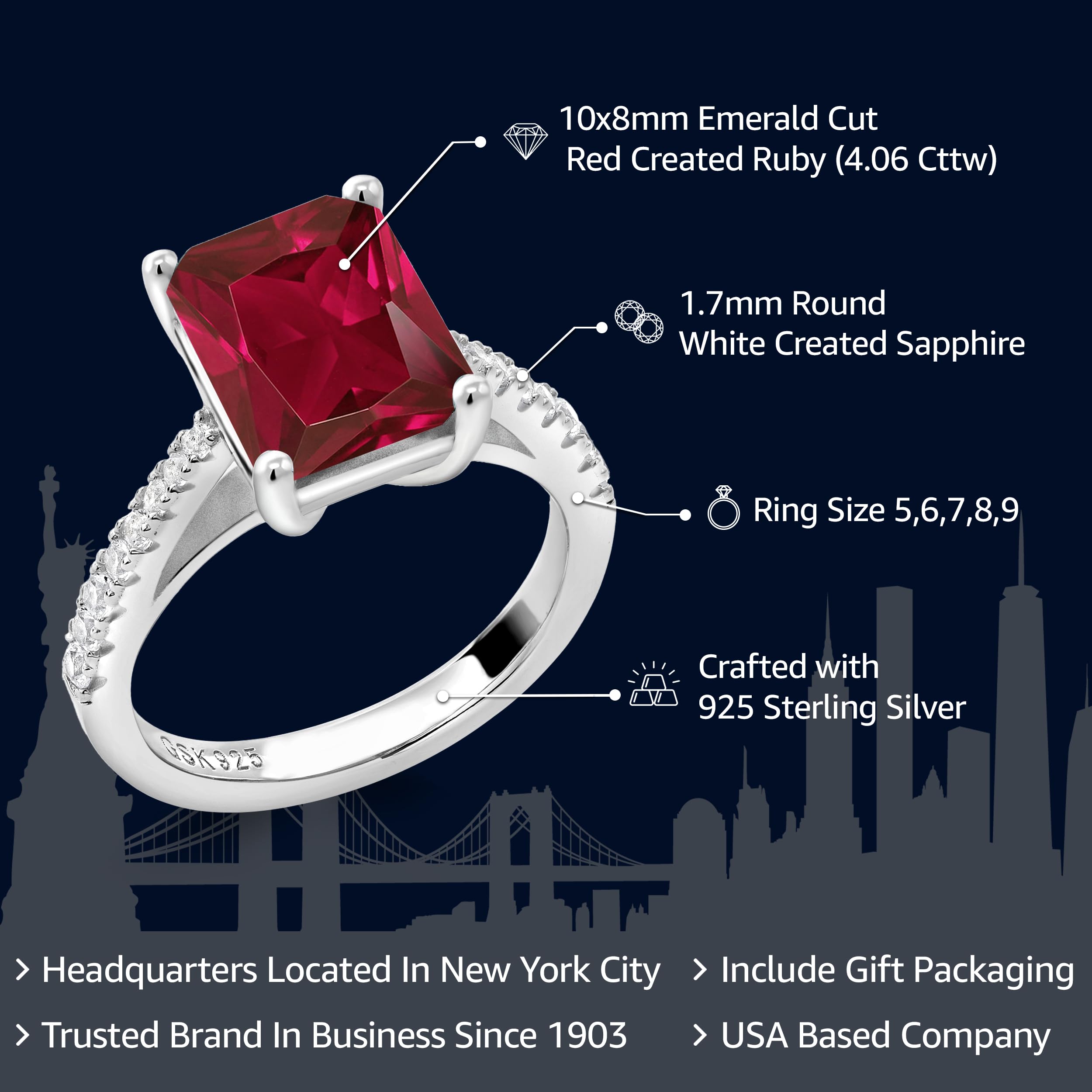 Gem Stone King 925 Sterling Silver Red Created Ruby and White Created Sapphire Ring For Women (4.06 Cttw, Emerald Cut 10X8MM, Available In Size 5, 6, 7, 8, 9)