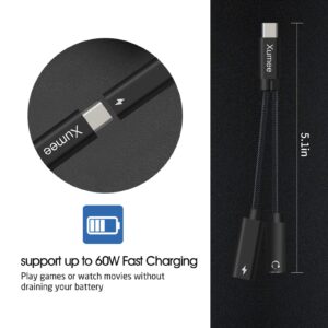 Xumee USB Type C to 3.5mm Headphone and Charger Adapter,2-in-1 USB C to Aux Audio Jack Hi-Res DAC and Fast Charging Dongle Cable Cord Compatible with iPhone 15 Pro Max, Galaxy S23 S22 S21 Plus(Black)