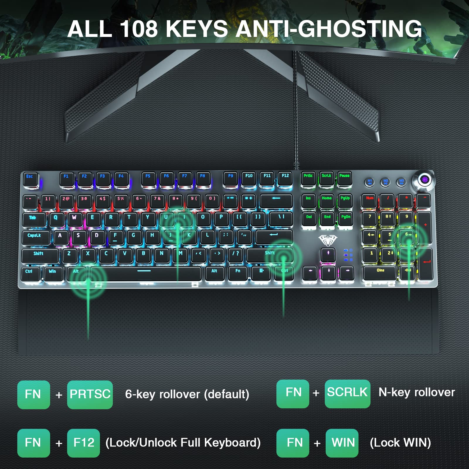 AULA F2088 Mechanical Gaming Keyboard, Tactile Brown Switches, LED Rainbow Backlit, Volume Controls, Removable Wrist Rest, Unique Cool Square Keycaps, Full Size Wired Keyboard for Windows/Mac/PC