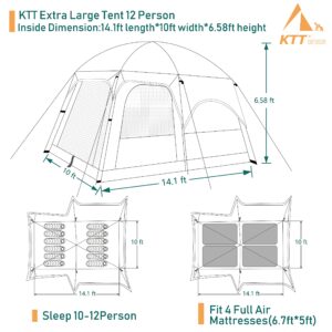 KTT Extra Large Tent 12 Person,Family Cabin Tents,2 Rooms,3 Doors and 3 Windows with Mesh,Straight Wall,Waterproof,Double Layer,Big Tent for Outdoor,Picnic,Camping,Family Gathering(Green)