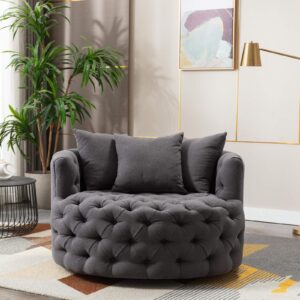 Dolonm Swivel Accent Barrel Chair Modern Sofa Lounge Club Round Chair Linen Fabric for Living Room Hotel with 3 Pillows (Grey)