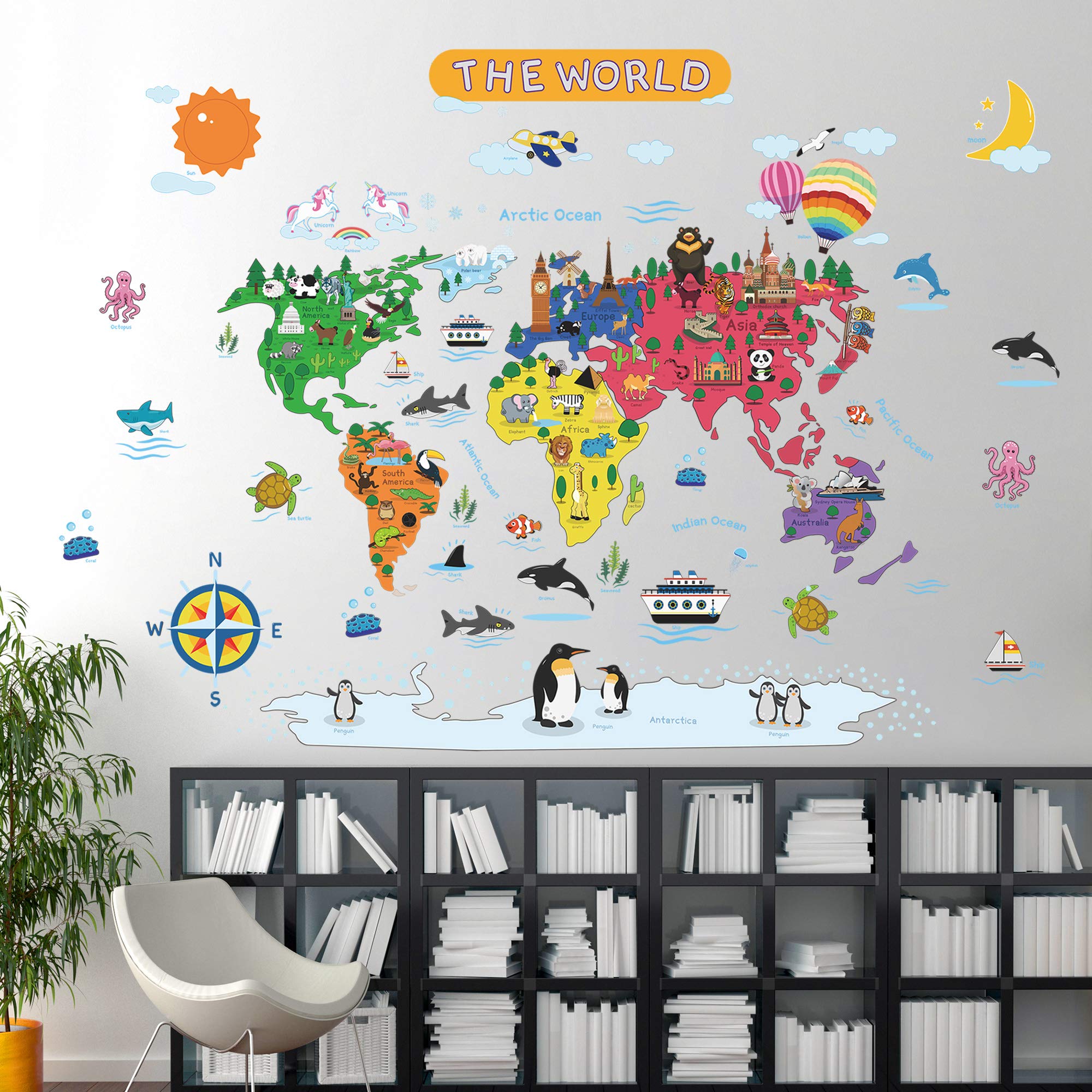 Removable Cartoon Animals World Map Wall Decals Large Educational Animal Landmarks World Map Peel & Stick Wall Sticker Decor for Kids Bedroom Living Room Classroom Nursery Home Walls (L 36"x45")