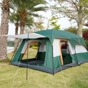 KTT Extra Large Tent 12 Person,Family Cabin Tents,2 Rooms,3 Doors and 3 Windows with Mesh,Straight Wall,Waterproof,Double Layer,Big Tent for Outdoor,Picnic,Camping,Family Gathering(Green)