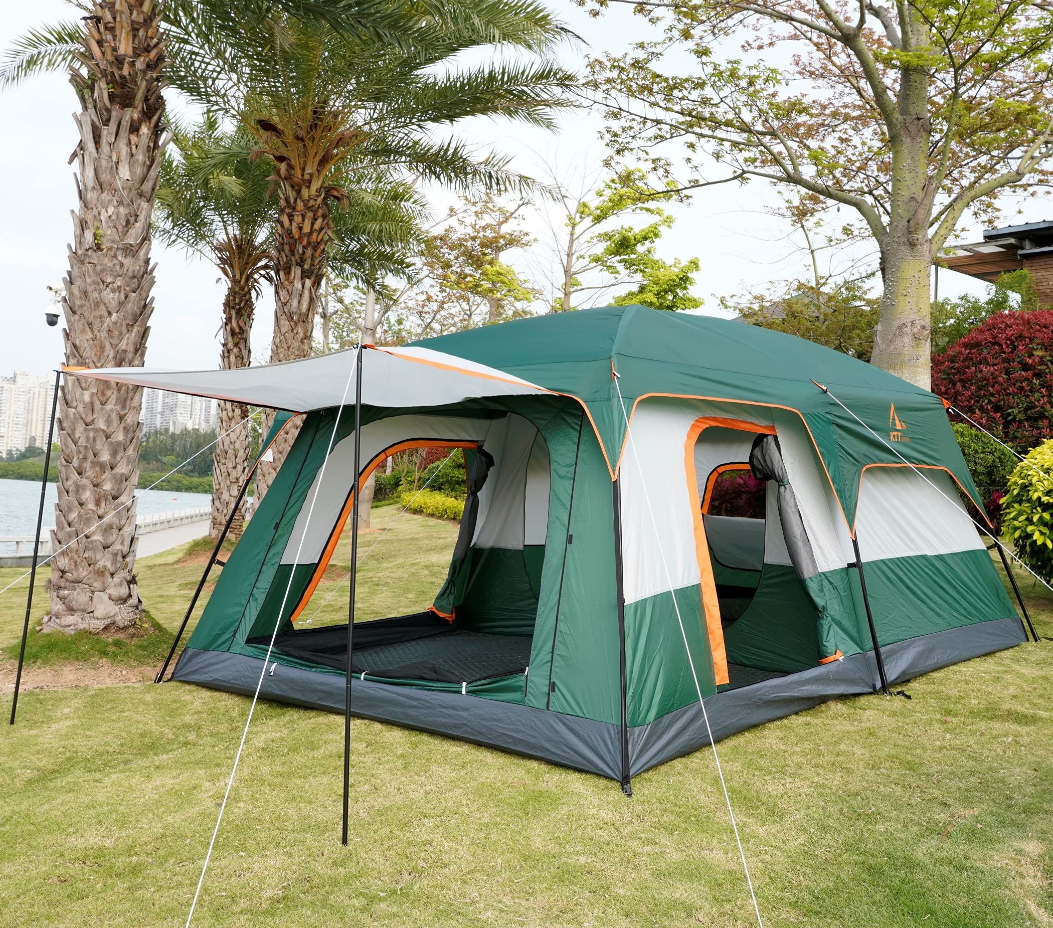 KTT Extra Large Tent 12 Person,Family Cabin Tents,2 Rooms,3 Doors and 3 Windows with Mesh,Straight Wall,Waterproof,Double Layer,Big Tent for Outdoor,Picnic,Camping,Family Gathering(Green)