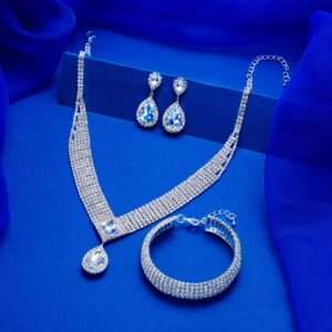 3 Pack Women Bridal Rhinestone Crystal Statement Necklace Link Bracelet and Teardrop Dangle Earrings Jewelry Set fit with Wedding Dress Party