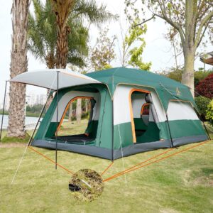 KTT Extra Large Tent 12 Person,Family Cabin Tents,2 Rooms,3 Doors and 3 Windows with Mesh,Straight Wall,Waterproof,Double Layer,Big Tent for Outdoor,Picnic,Camping,Family Gathering(Green)