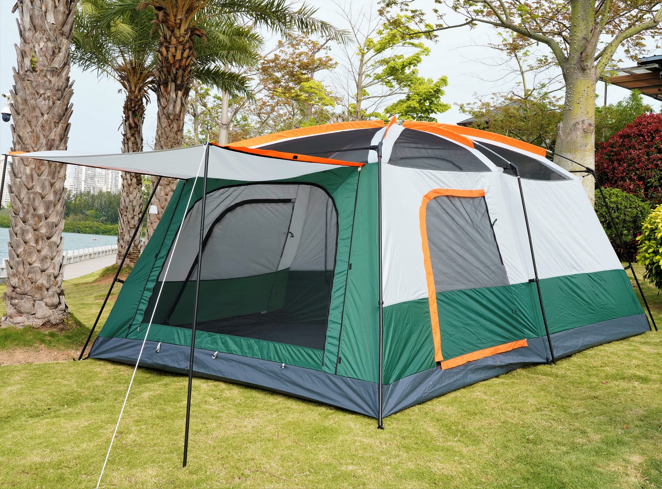 KTT Extra Large Tent 12 Person,Family Cabin Tents,2 Rooms,3 Doors and 3 Windows with Mesh,Straight Wall,Waterproof,Double Layer,Big Tent for Outdoor,Picnic,Camping,Family Gathering(Green)