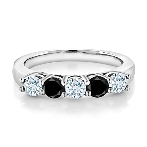 Gem Stone King 925 Sterling Silver Sky Blue Aquamarine and Black Diamond 5-Stone Wedding Anniversary Band Ring For Women (0.85 Cttw, Gemstone March Birthstone, Available In Size 5, 6, 7, 8, 9)