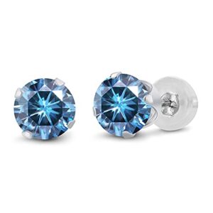 Gem Stone King 14K White Gold Persian Blue Moissanite Stud Earrings For Women (2.00 Cttw, Gemstone Birthstone, Round 6.5MM)