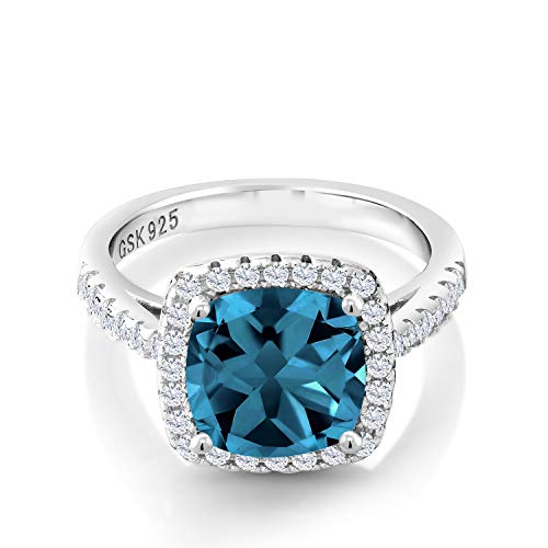 Gem Stone King 925 Sterling Silver London Blue Topaz and White Created Sapphire Engagement Ring For Women (3.30 Cttw, 8MM Cushion Cut, Gemstone Birthstone, Available In Size 5, 6, 7, 8, 9)