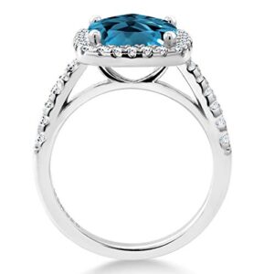 Gem Stone King 925 Sterling Silver London Blue Topaz and White Created Sapphire Engagement Ring For Women (3.30 Cttw, 8MM Cushion Cut, Gemstone Birthstone, Available In Size 5, 6, 7, 8, 9)