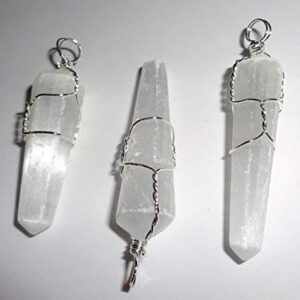 ( Sublime Gifts ) Selenite Point Cleansing Crystal Healing Cut wire wrapped Point Pendant with Metal Bail