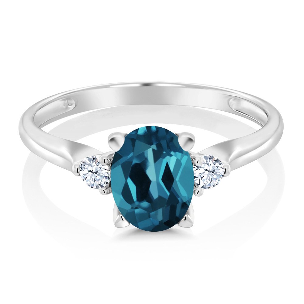 Gem Stone King 10K White Gold London Blue Topaz and White Created Sapphire 3-Stone Women's Ring (1.40 Cttw, Gemstone Birthstone, Available In Size 5, 6, 7, 8, 9)