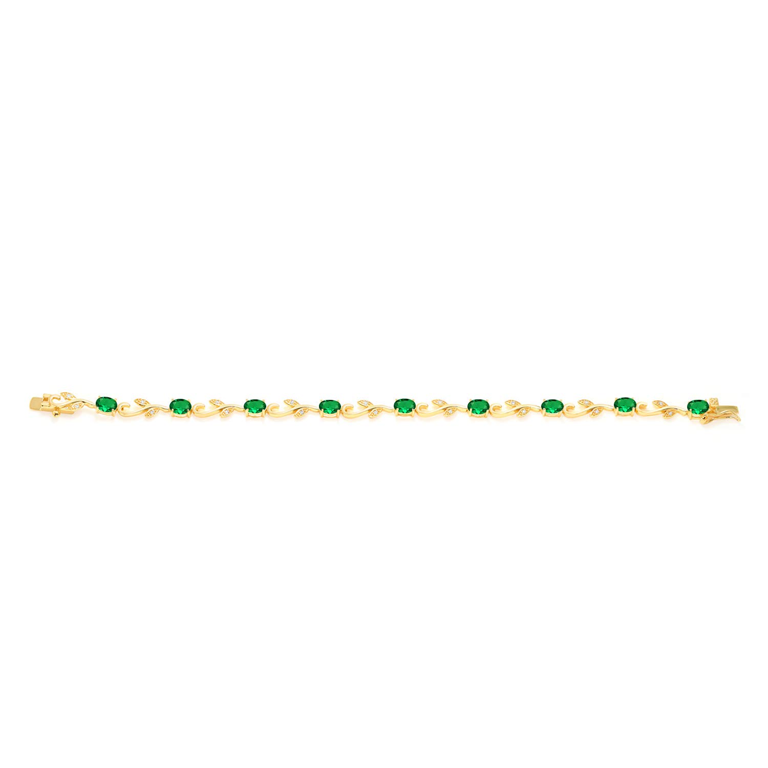 Gem Stone King 18K Yellow Gold Plated Silver Simulated Emerald Diamond Greek Vine 7 Inch Tennis Bracelet For Women