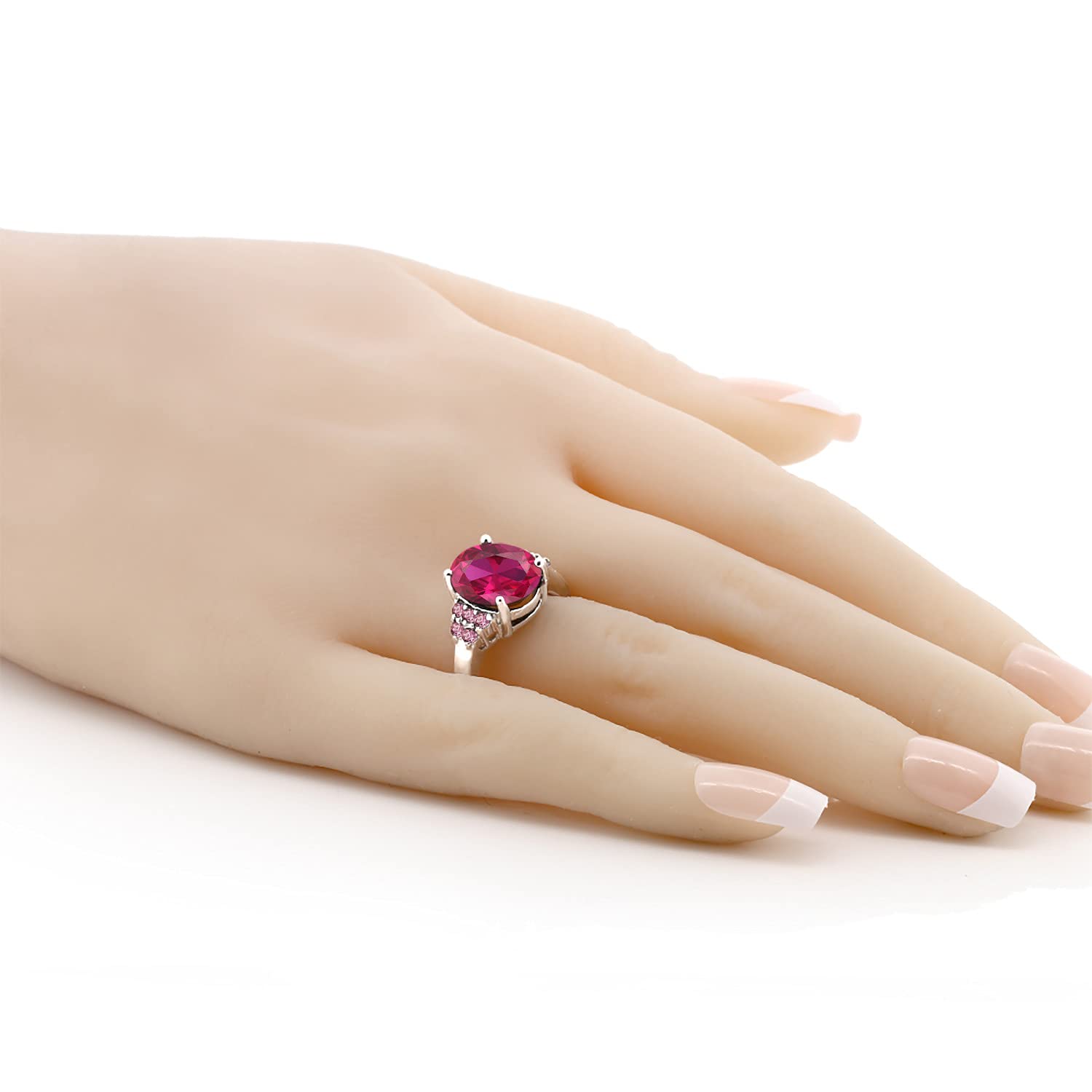 Gem Stone King 5.38 Ct Oval Red Created Ruby Pink Lab Grown Diamond 925 Sterling Silver Ring (Size 7)