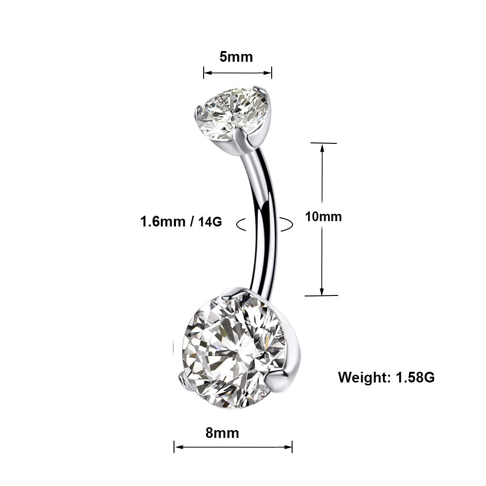 KaseStyle 14G G23 Titanium Belly Button Rings 10mm with Cubic Zirconia Internally Threaded Navel Rings Belly Bars (Prong Set-White)