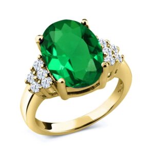 Gem Stone King 4.40 Cttw 18K Yellow Gold Plated Silver Green Simulated Emerald and White Created Sapphire Women Ring | Oval 12X10MM | Available in size 5, 6, 7, 8, 9