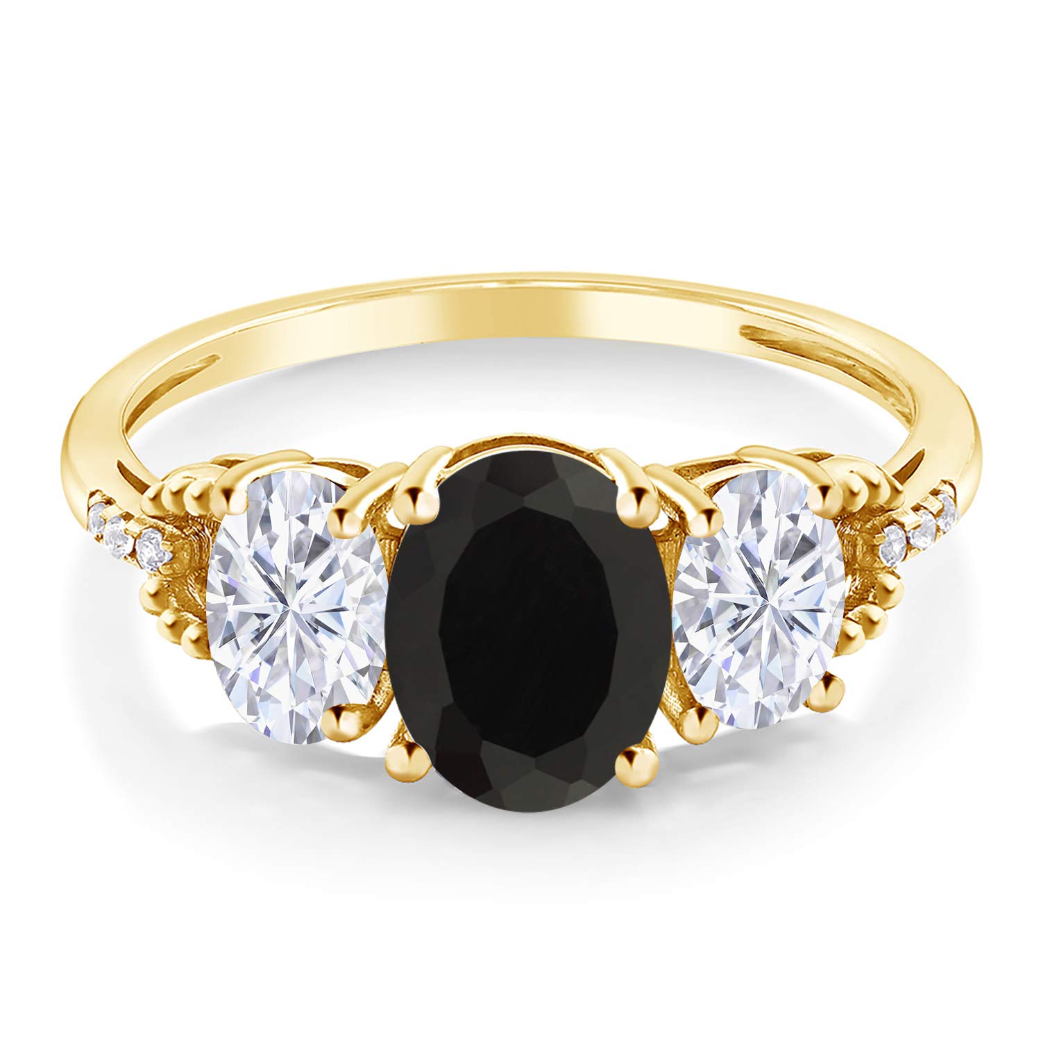 Gem Stone King 10K Yellow Gold Black Onyx White Moissanite and Diamond 3-Stone Engagement Ring | 2.64 Cttw | 3 Stone Wedding Anniversary Promise Ring For Women | Oval 8X6MM and 6X4MM (Size 7)