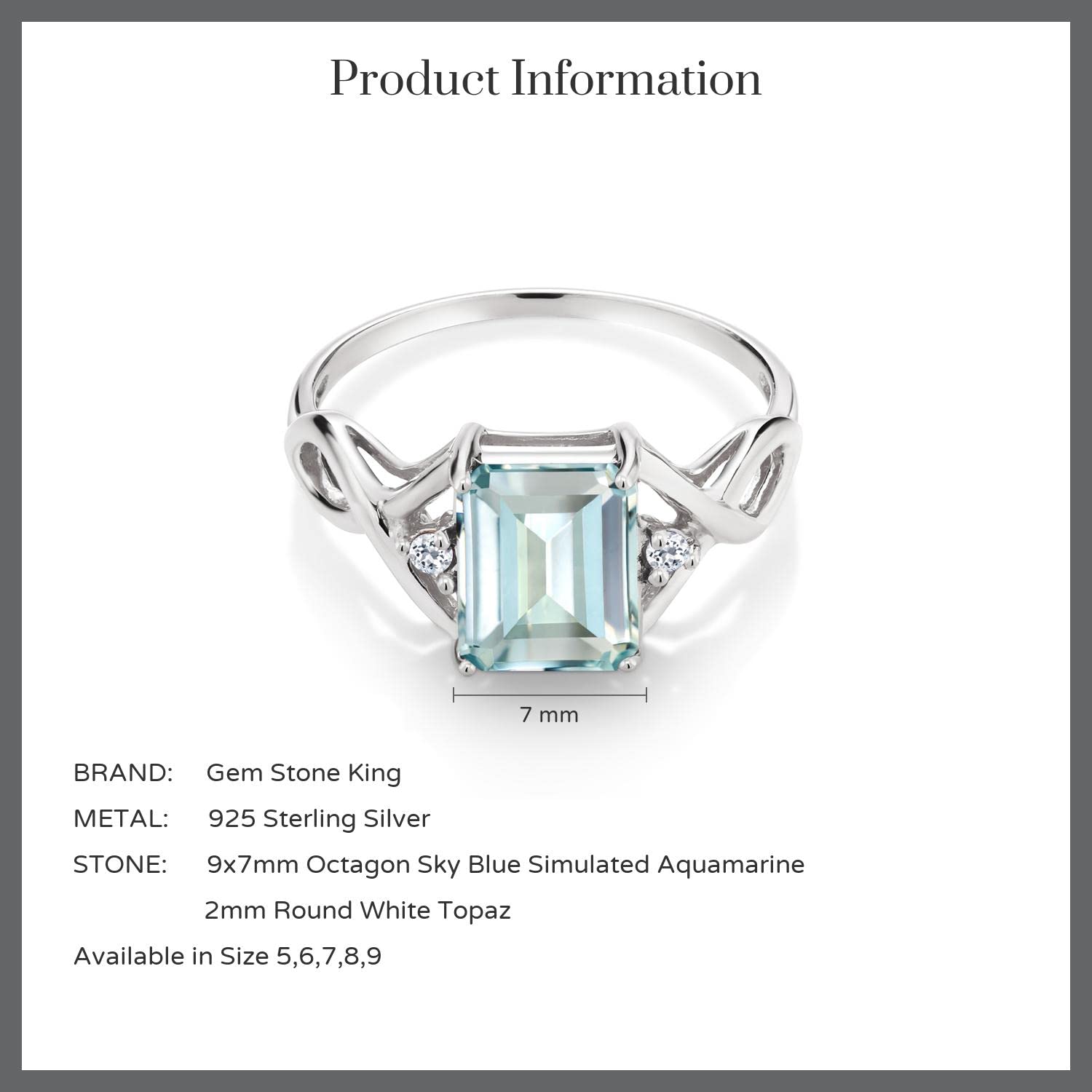 Gem Stone King 2.34 Cttw Sky Blue Simulated Aquamarine and White Topaz Women Ring In 925 Sterling Silver | Emerald Cut 9X7MM | Gemstone Birthstone | Available In Size 5, 6, 7, 8, 9