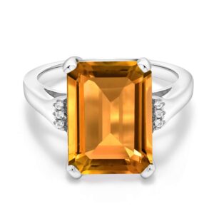 Gem Stone King 925 Sterling Silver Yellow Citrine Engagement Ring For Women (8.27 Cttw, Emerald Cut 14X10MM, Gemstone Birthstone, Available in size 5, 6, 7, 8, 9)