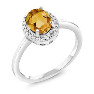 Gem Stone King 925 Sterling Silver Yellow Citrine & White Diamond Engagement Ring For Women | 1.31 Cttw | Oval 8X6MM | Gemstone Birthstone | Size 5,6,7,8,9