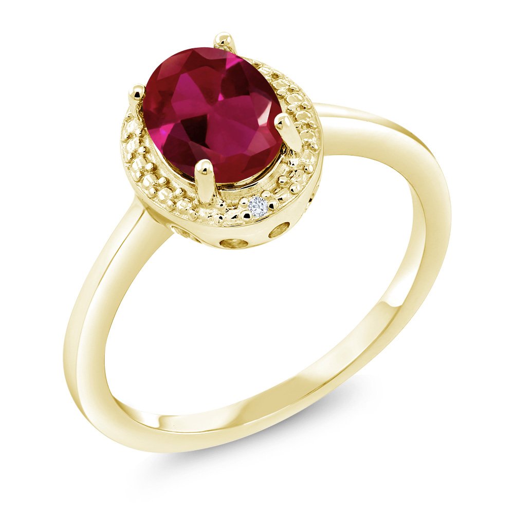 Gem Stone King 18K Yellow Gold Plated Silver Red Created Ruby and White Diamond Engagement Ring For Women (1.16 Cttw, Gemstone July Birthstone, Oval 8X6MM, Available In Size 5, 6, 7, 8, 9)