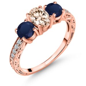 Gem Stone King 1.97 Ct Oval Peach Morganite Blue Sapphire 18K Rose Gold Plated Silver Ring (Size 6)