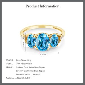 Gem Stone King 10K Yellow Gold Oval Swiss Blue Topaz 3 Stone Ring For Women (2.64 Cttw, Gemstone Birthstone) (Size 8)