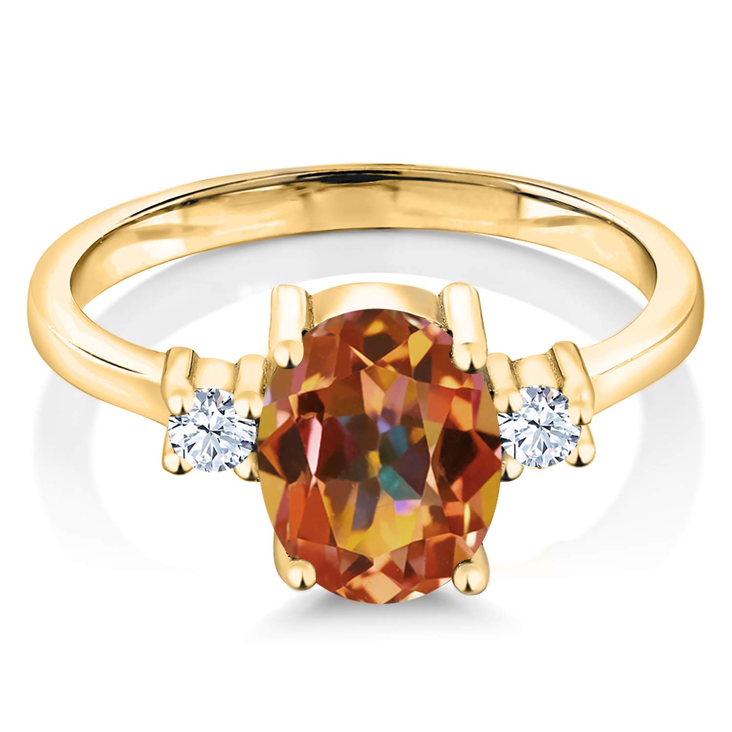 Gem Stone King 2.10 Ct Ecstasy Mystic Topaz White Created Sapphire 18K Yellow Gold Plated Silver Ring (Size 7)