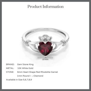 Gem Stone King 10K White Gold Heart Shape Red Rhodolite Garnet and White Diamond Irish Celtic Claddagh Women Ring (0.78 Cttw, Gemstone Birthstone, Available In Size 5, 6, 7, 8, 9)