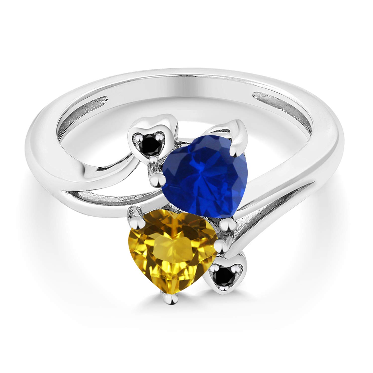 Gem Stone King 1.53 Ct Heart Shape Citrine Blue Created Sapphire 10K White Gold Diamond Accent Ring (Size 9)