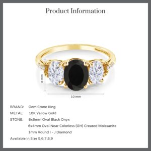 Gem Stone King 10K Yellow Gold Black Onyx White Moissanite and Diamond 3-Stone Engagement Ring | 2.64 Cttw | 3 Stone Wedding Anniversary Promise Ring For Women | Oval 8X6MM and 6X4MM (Size 7)