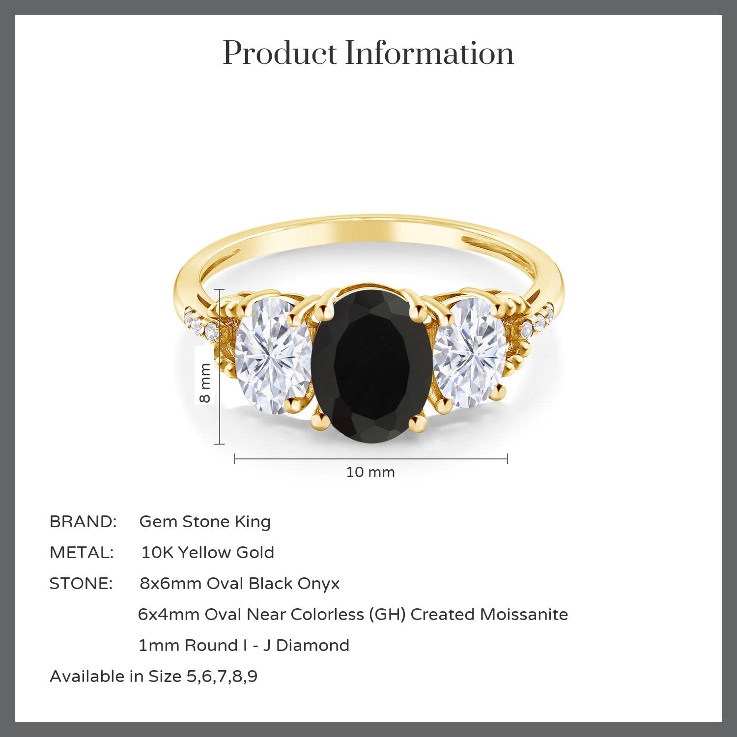 Gem Stone King 10K Yellow Gold Black Onyx White Moissanite and Diamond 3-Stone Engagement Ring | 2.64 Cttw | 3 Stone Wedding Anniversary Promise Ring For Women | Oval 8X6MM and 6X4MM (Size 7)